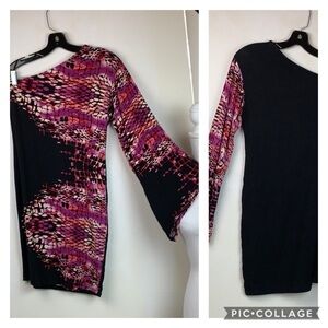 Snake print one shoulder flare sleeve jersey dress